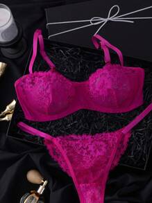 SHEIN 2pcs Women's Fashion Daily Match Lace Bra & Panty Underwear Set Sexy Lingerie