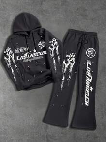 Manfinity Roghcode Men's Simple Print Hoodie & Pants 2 Pieces Set, Men 2 Piece Set Sweats, Men 2 Piece Set Graphic, Men Streetwear Sets - Dark Grey - View 4