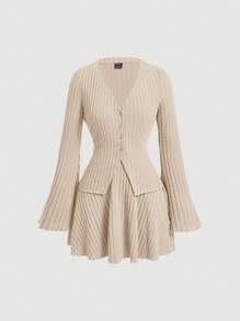 SHEIN MOD 2 件套女士纯色简约喇叭袖上衣和迷你裙套装 - 杏色 - 查看 1