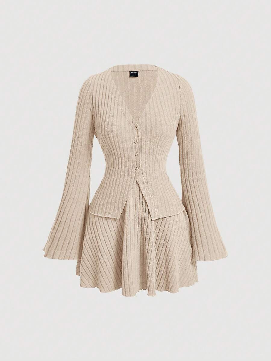 SHEIN MOD 2 件套女士纯色简约喇叭袖上衣和迷你裙套装 - 杏色 - 查看 1