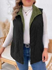 SHEIN LUNE Plus Size Women's Solid Color Zipper Front Pockets Casual Loose Padded Vest, Winter - Army Green - View 3
