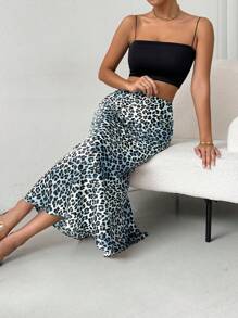 Chiquease Women's High Waist Leopard Print Fishtail Hem Long Skirt - Blue - View 6
