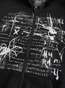 ROMWE Grunge Punk 女款 Y2K 街头服饰蜘蛛标语印花拼布蓬松领超大拉链连帽衫