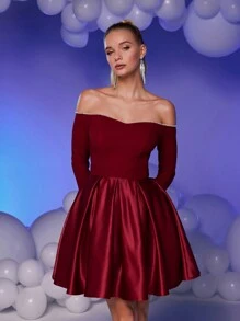 SHEIN Belle Burgundy Red Elegant Luxurious Burgundy Red Off-Shoulder Gown With Embellished Pearl Neckline, Knitted Bodice & Satin Flared Dress, Suitable For Weddings, Parties, Graduation, Prom