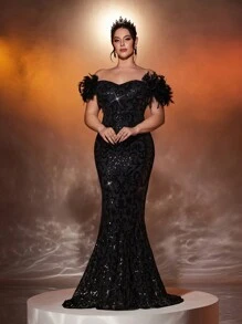 Glamrae 加大码奢华亮片和羽毛装饰美人鱼晚礼服舞会礼服（真火鸡羽毛袖口），黑色优雅正式舞会礼服，适合婚礼宾客、毕业典礼、晚宴派对礼服 - 黑色 - 查看 5