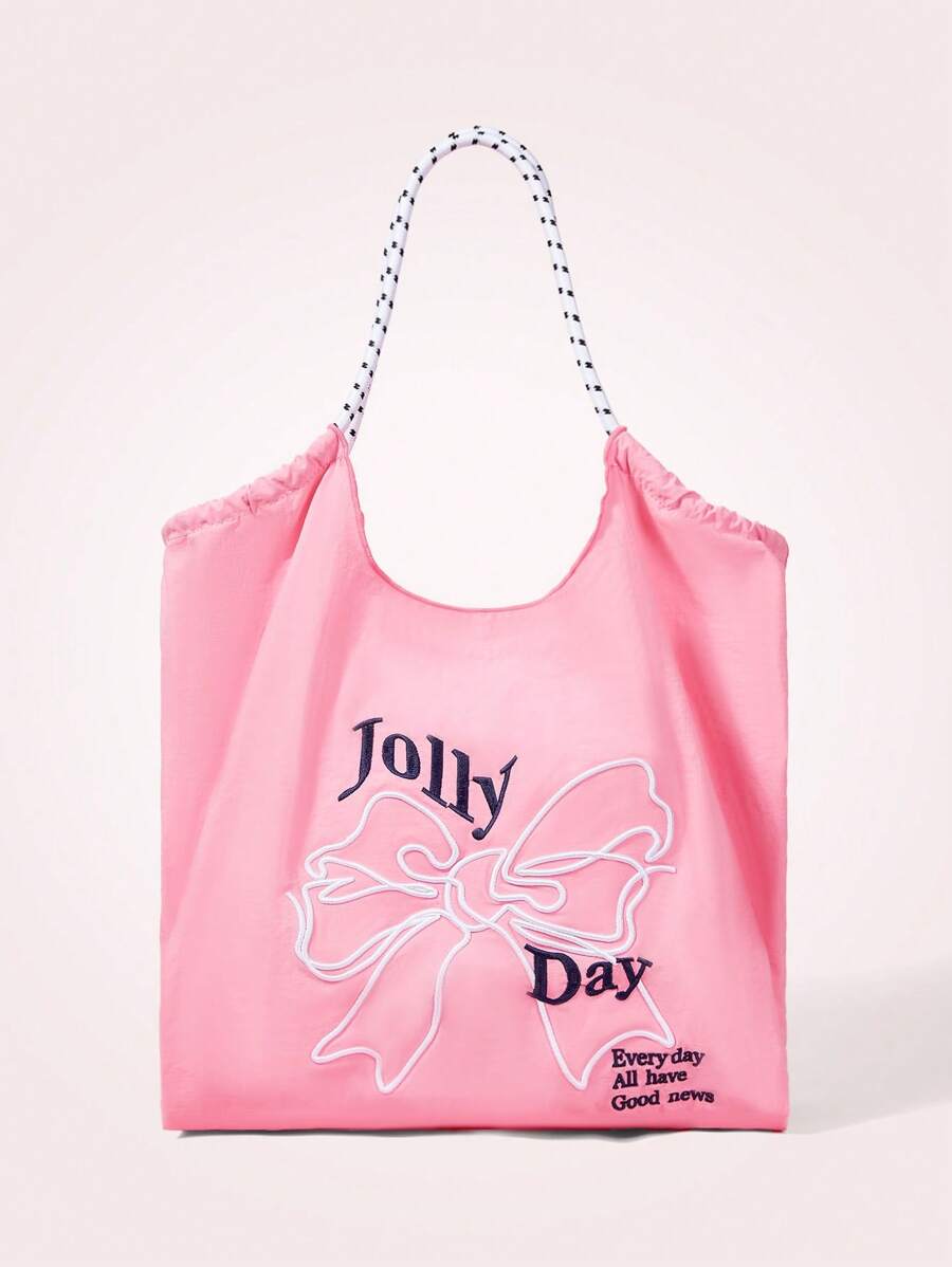 SHEIN MOD Women's Letter & Bow Print Large Capacity Tote Bag - Pink - View 1