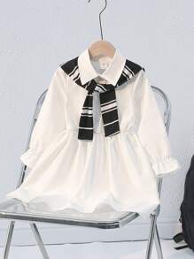 SHEIN 1pc Girl's Casual Lulu Style White Shirt Dress With Black & White Striped Cape,Sweet Back-To-School Family Matching Sets For Autumn,Sunny Dress - White - View 6