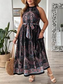 SHEIN VCAY Plus Váy mùa hè có thắt lưng in họa tiết Paisley - màu đen - Xem 5