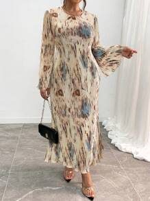 Celure Damen Große Größen Frühlings- & Sommer Batik-Muster Rundhals Langarm A-Linien-elegantes Maxikleid Damenkostüm