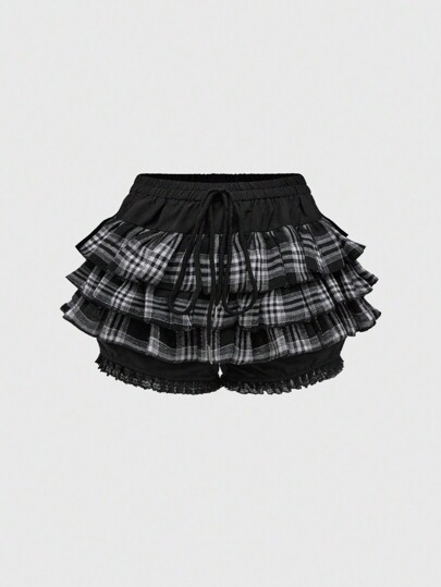 Kawaii Pantalones cortos deportivos de talla grande de verano con estampado vintage a cuadros en contraste