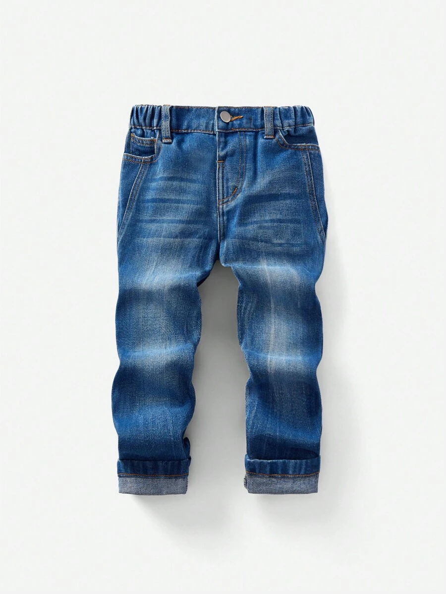 SHEIN Young Boy Casual Distressed Washed Wide Straight Leg Blue Jeans, Suitable For Daily Wear - Medium Wash - View 1