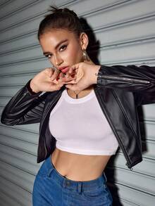 女式 PU 皮革前拉链修身夹克，时尚百搭外套，打造休闲时尚造型，秋季 - 黑色 - 查看 6