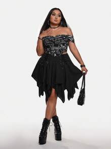 Sonchs Curiosities Blusa ajustada de estilo Y2K para mujer de talla grande con estampado de calabaza, hombro descubierto y bajo asimétrico, apta para verano, vacaciones, salir, festivales, Ibiza