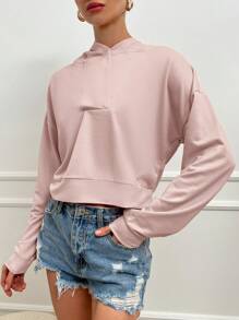 RueChic Solid Drop Shoulder Hoodie - Pink - View 5