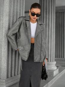 Aveloria Chaqueta de poliuretano desgastada y oversize para mujer, abrigo cortoviento suelto de estilo de motocicleta, otoño