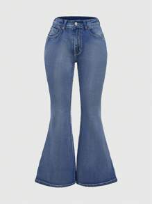 ROMWE Grunge Punk Spring/Summer Women's Plus Size Punk Style Skull Embroidered Fitted Flared Jeans - Blue - View 2