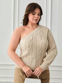 RueChic Plus Size One Shoulder Cable Knit Sweater - Apricot - View 1