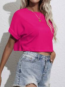 SHEIN Unity 蝙蝠袖口袋貼布短款T恤 - 玫紅色 - 查看 5