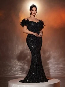 Glamrae 加大码奢华亮片和羽毛装饰美人鱼晚礼服舞会礼服（真火鸡羽毛袖口），黑色优雅正式舞会礼服，适合婚礼宾客、毕业典礼、晚宴派对礼服 - 黑色 - 查看 6