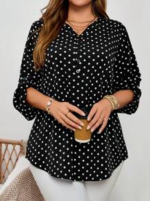 EMERY ROSE Blusa informal de otoño para mujer talla grande con escote entallado, manga enrollada y estampado de lunares