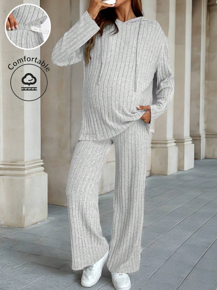 SHEIN 孕婦用肋紋束口連帽上衣和褲子套裝，長袖 - 灰色 - 查看 1