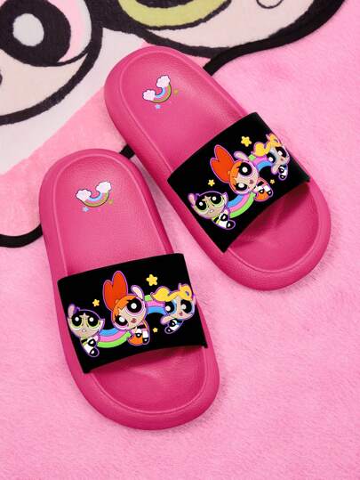 THE POWERPUFF GIRLS X SHEIN 女士可爱花朵、泡泡、毛茛图案 EVA 拖鞋，适合室内外穿着，夏季