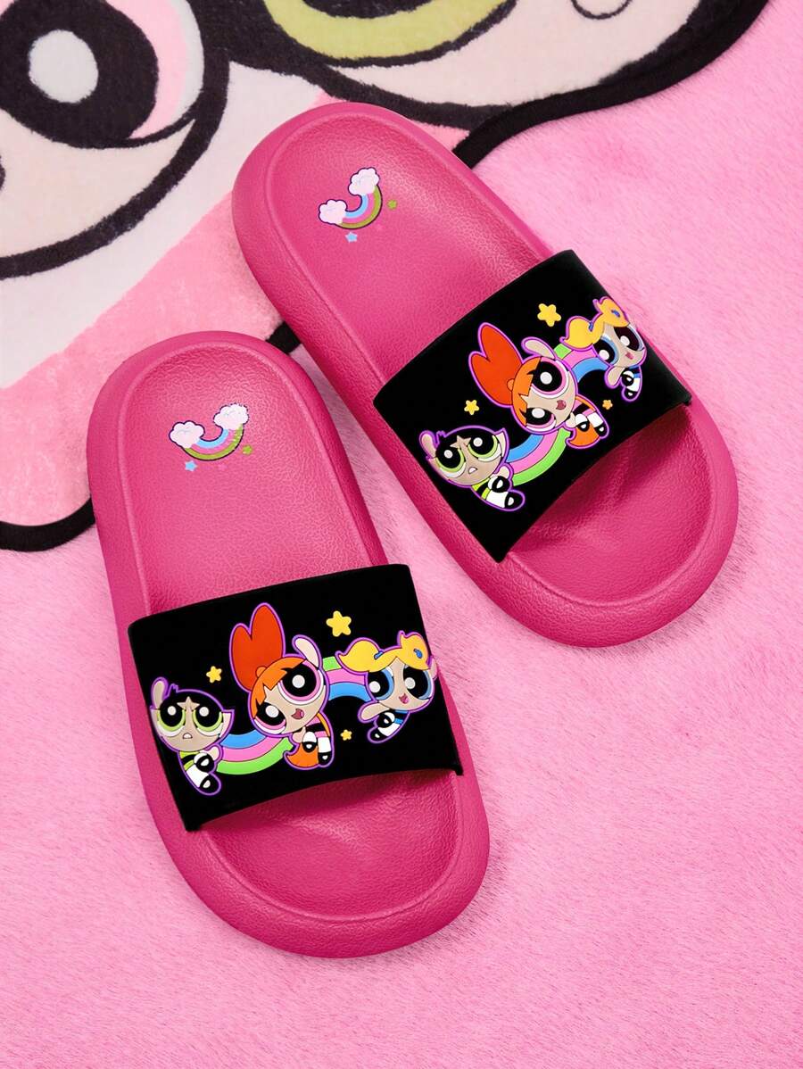 THE POWERPUFF GIRLS X SHEIN Dép EVA họa tiết hoa, bong bóng, hoa mao lương dễ thương cho nữ, thích hợp mặc ngoài trời và trong nhà, mùa hè - Hồng - Xem 1