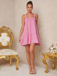 L'Amorae 可爱的粉色迷你连衣裙，宽肩带和褶饰紧身胸衣