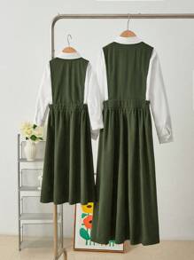 2pcs Young Girl Woven Plain Casual Shirt And Woven Collared Casual Dress Set - Multicolor - View 2