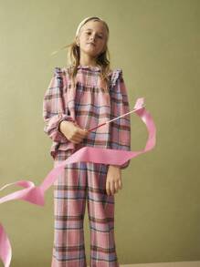 SHEIN Tween Girls Cute Plaid Woven Flare Hem Straight Leg Casual Palazzo Pants, Back To School Festive Delight - Multicolor - View 10