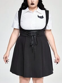 ROMWE Academia Plus Size Cat Embroidery Patchwork Shirt Dress, 2-Piece Look - Black and White - View 2