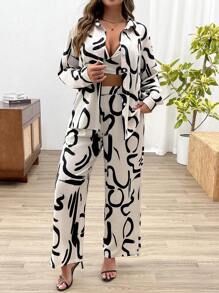 Calvaya Plus Size Geometric Print Camisole, Shirt & 3st Set - Svart och Vitt - Visa 1