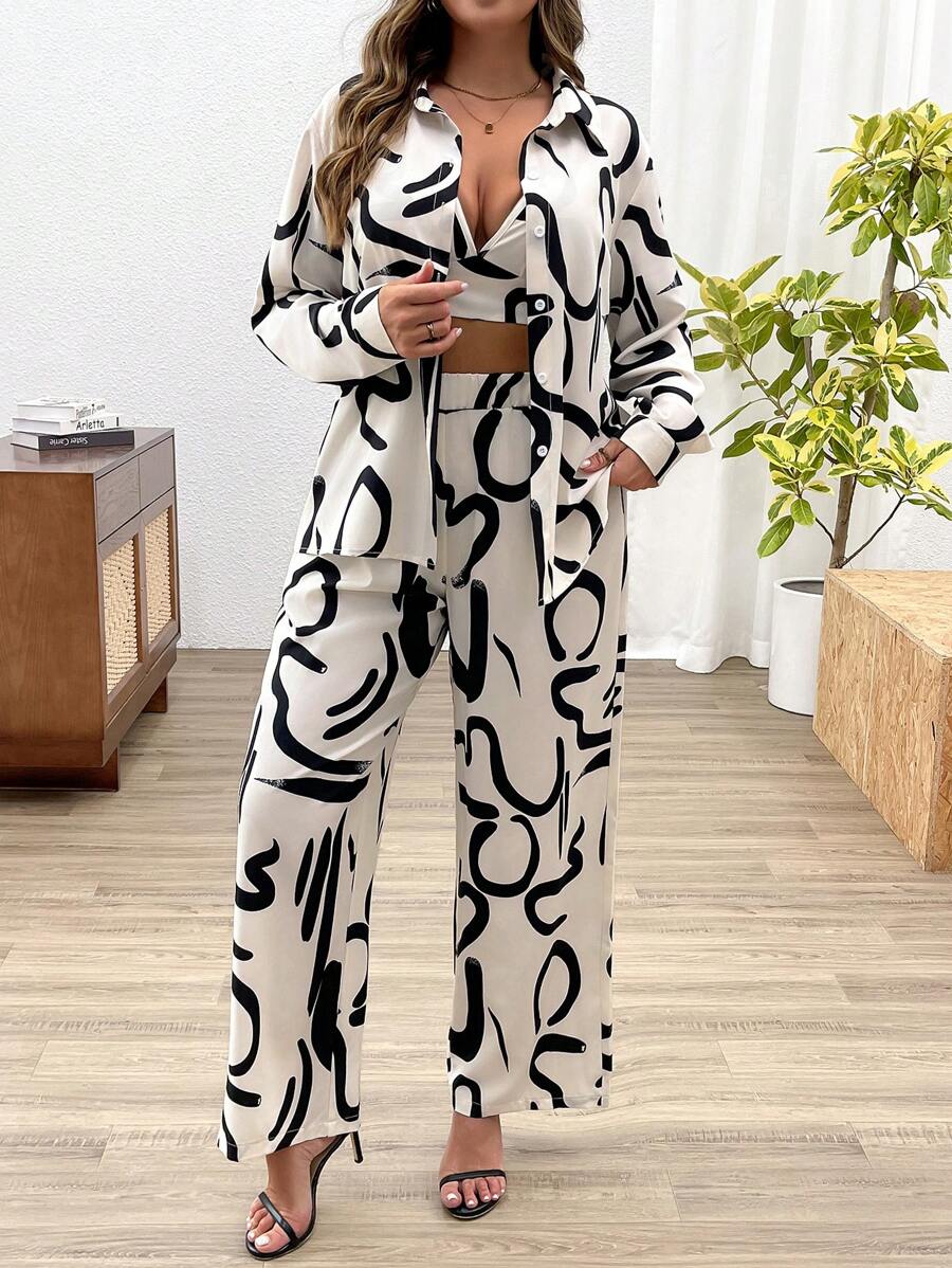 Calvaya Plus Size Geometric Print Camisole, Shirt & 3st Set - Svart och Vitt - Visa 1