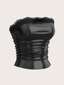 SHEIN EZwear Women's Black Leather Patchwork Lace Bandeau Top