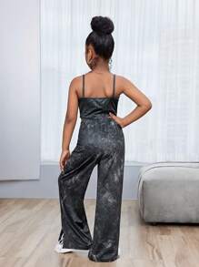 2pcs Tween Girl's Washed Effect Camisole And Wide-Leg Pants Set - Black - View 2
