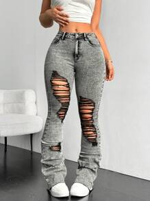 SHEIN ICON 女士简约日常破洞牛仔裤，女士休闲，性感口袋，破洞，拉链自然紧身长款蓝色棉质紧身女式牛仔裤，春/秋，休闲日常穿着 - 藍色 - 查看 7