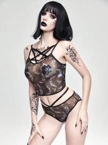 ROMWE Gothic Black Bat & Pentagram Hollow-Out Lace Wireless Bra Set, Halloween - Black - View 4