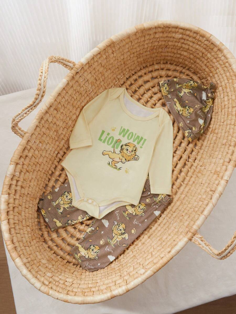 SHEIN 3pcs/Set Infant Baby Boys Casual Daily Wear Cute Cartoon Lion Print Long Sleeve Bodysuit With Hat, Suitable For Outings And Home Leisure, Mama Picked - Multicolor - View 1