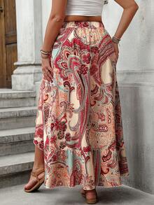 SHEIN LUNE Plus Size Asymmetrical Hem All-Over Print Fashionable Soft & Elegant A-Line Skirt - Apricot - View 2