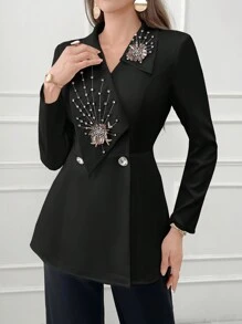 Modelyn 女士不对称领水晶缀饰双排扣西装外套 - 黑色 - 查看 2