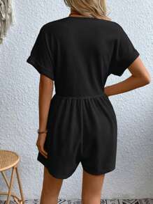 SHEIN Clasi Women Solid Color Simple Daily Short-Sleeved Jumpsuit - Black - View 2