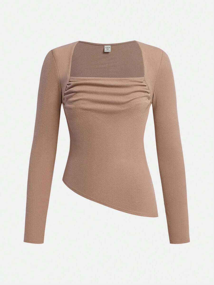 SHEIN Camiseta de manga larga con cuello redondo, fruncido delantero de unicolor y dobladillo asimétrico para niña adolescente