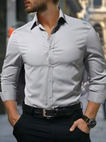 Manfinity Mode Camisa casual de vestir de manga larga de color liso para hombre, para primavera y verano, para el esposo, para el trabajo
