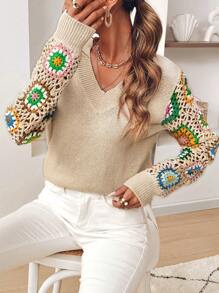 SHEIN VCAY Áo len nữ dài cổ chữ V móc, thu đông - Màu be - Xem 6