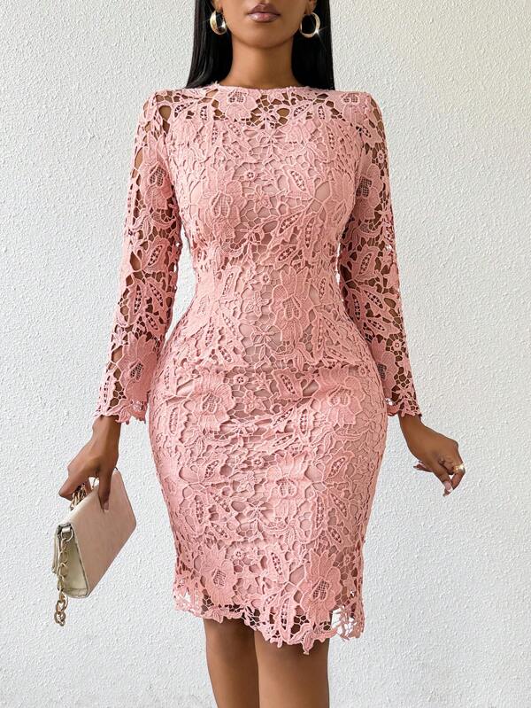 SHEIN Lady Four Seasons Wedding Guest Dress Elegant Party Pink Lace Crew Neck Dress For Women