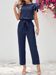 SHEIN Clasi 2pcs Women's Round Neck Ruffle Short Sleeve Shirt & Detachable Belted Pants Set - Navy Blue - View 3