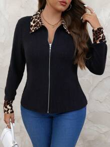 SHEIN Clasi Plus Size Leopard Patchwork Casual Jacket, Autumn/Winter Fall - Black - View 3