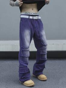 Manfinity Roghcode Quần jean denim bootcut thời trang phai màu cho nam - Màu xanh lam - Xem 3