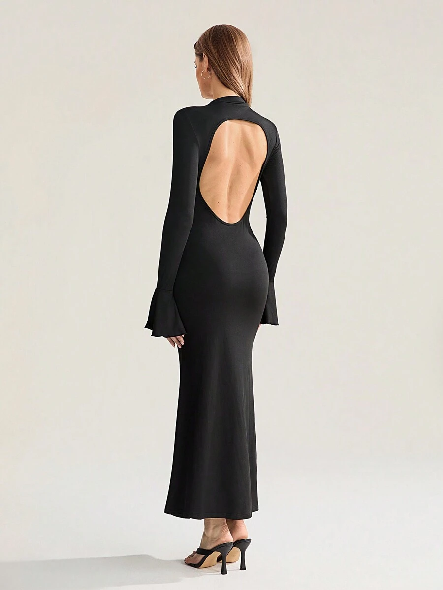 SHEIN Unity Đầm dài tay có cổ đứng hở lưng dành cho nữ - màu đen - Xem 1