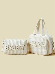 2 件/套刺绣母婴包，含手提包和婴儿车包 - 米色 - 查看 1